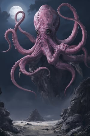 concept_art of A behemoth pink octopus creature rises from the dark depths, its massive tentacles curling around a desolate, moonlit landscape in simple background