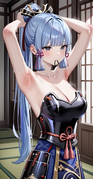 1girl, bare shoulders, sweat, ((full body)), Kamisato Ayaka \(genshin impact\), grey eyes, (blush:0.5), light blue hair, long hair, ponytail, blunt bangs, sidelocks, adjusting hair, tying hair, hair ribbon, hair tie in mouth, mouth hold, arms up, armpits, japanese armor, kusazuri, armor, breastplate, medium breasts, bare shoulders, cleavage, collarbone, indoors, upper body, masterpiece, best quality, aesthetic 
 (by gweda:0.5),  (by gawako:0.3), (by rella:0.4), (by wlop:0.3)