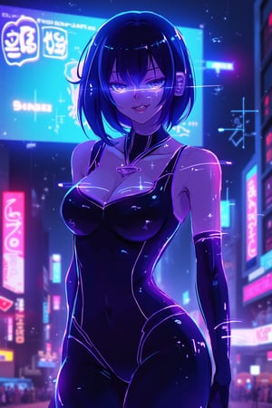 neon_glow, anime style of a woman in a skin-tight bodysuit, standing in front of a massive, glowing digital billboard, her expression determined as neon symbols flash across her face. The city buzzes with electric energy behind her.