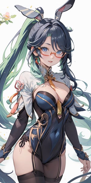 (masterpiece), best quality, ultra-detailed, illustration, (kawaii style:1.4), pastel colors, kawaii, cute colors, pastel colors, 1girl , long hair,  ponytail,  multicolored hair,  hair ornament, semi-rimless eyewear, glasses,  blue eyes, milf, deep cleavage, ((bunny outfit)), navel, looking at viewer, medium breasts, parted lips, purple eyes, rabbit ears, smile, solo, thighhighs,  wrist cuffs, leotard, pantyhose, playboy bunny, ribbon, strapless, strapless leotard, thighband pantyhose, rabbit ears, blue leotard, ,long hair, chinese ornament, simple background