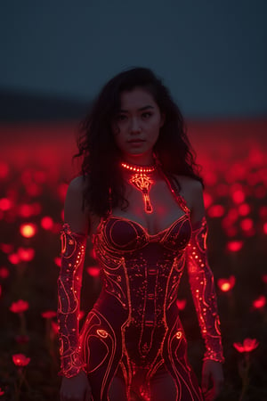  portrait of asian woman wearing red glowing sci_fic futuristic clothes in black flower field, night, professional photo