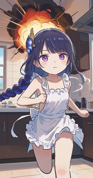 1girl, [raiden shogun], long hair, braided hair, ningen mame,ciloranko,xinzoruo,year 2023, solo,blush, 1girl, running to viewer, pov, closing her ears, naked apron, {explosion}, >_<, smoke, indoors, kitchen,  best quality, amazing quality, very aesthetic, absurdres, loli