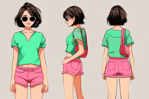 photography, character sheet of realistic cute girl in green crop top, short hair, open jacket, wearing sunglass, stylish, pink shorts, simple background, front , side, and behind