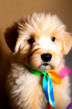 A low-key portrait captures a sweet, innocent-looking puppy's gentle gaze, its fluffy fur and adorable features illuminated by soft, warm light. A vibrant, colorful ribbon wraps around the pup's neck, adding a pop of brightness to the otherwise muted tone. The subject is centered in the frame, with a subtle blurred background that keeps the focus on the playful pup.