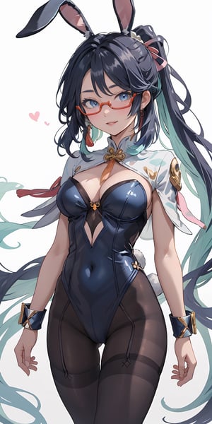 (masterpiece), best quality, ultra-detailed, illustration, (kawaii style:1.4), pastel colors, kawaii, cute colors, pastel colors, 1girl , long hair,  ponytail,  multicolored hair,  hair ornament, semi-rimless eyewear, glasses,  blue eyes, milf, deep cleavage, ((bunny outfit)), navel, looking at viewer, medium breasts, parted lips, purple eyes, rabbit ears, smile, solo, thighhighs,  wrist cuffs, leotard, pantyhose, playboy bunny, ribbon, strapless, strapless leotard, thighband pantyhose, rabbit ears, blue leotard, ,long hair, chinese ornament, simple background