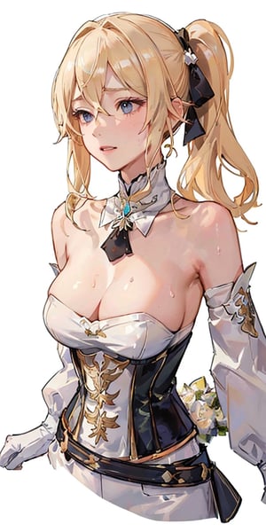 (masterpiece, sidelighting,) breast focus, blonde hair, lustrous skin, sweat, deep cleavage, detached collar, capelet, breasts, strapless, detached sleeves, corset, belt, cropped image, milf body, white background, neck to bottom, (body only:1.2), 