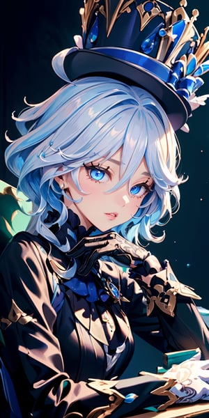 (masterpiece, ultra-detailed, best quality, hires, absurdres, very detailed illustrations, intricate details, extremely detailed 8k cg, beautiful lighting, HDR, colorful, beautiful lighting, correct proportions:1.3), (realistic:0.3), , , , 1girl, furina \(genshin impact\), blue hair, white hair, ahoge, streaked hair, ((perfect face)), (blue eyes:1.1), eyeslashes, eyeliner, (glowing eyes:1.2), (half-closed eyes:1.1), ((detailed eyes)), hat, blue headwear, black headwear, ascot, jewelry, brooch, frills, long sleeves, gloves, white gloves, black gloves, small breasts, (portrait, close-up:1.3), bored, (head rest, head tilt:1.2), parted lips, (dark background:1.1), , dark theme, 