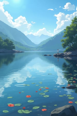 animehyf of cinematic view of lake calming, anime screenshot, background