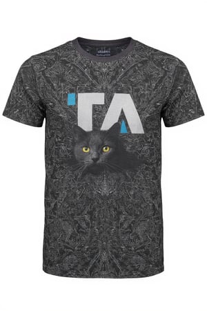 intricate shirt with white ta_logo and black cat on white background,  product shot