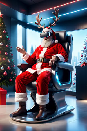 ((masterpiece, best quality)), ((christmas)), futuristic house, cyber , data, holographic, (santa claus wearing VR headset:1), santa claus uniform, red and white, beard, old, sitting in futuristic chair, A futuristic house, shining with vibrant lights, (best quality,4k,8k,highres,masterpiece:1.2), (realistic,photorealistic,photo-realistic:1.37), ultra-detailed, ultra-modern architecture, cutting-edge design, sleek and angular lines, glass walls, interactive holographic displays, (HDR,UHD) representations, (studio lighting), smart home automation, nature-inspired elements, (vivid colors), floating furniture, high-tech gadgets, state-of-the-art appliances, (bokeh) effect, panoramic views of the cityscape, (physically-based rendering), lush indoor gardens, (sharp focus), minimalist interiors, (extreme detail description), (professional) interior design, futuristic transportation systems, flying vehicles, robotic assistants, (concept artists) dream, a vision of the future.,Cyberpunk VR ,reindeer_sleigh