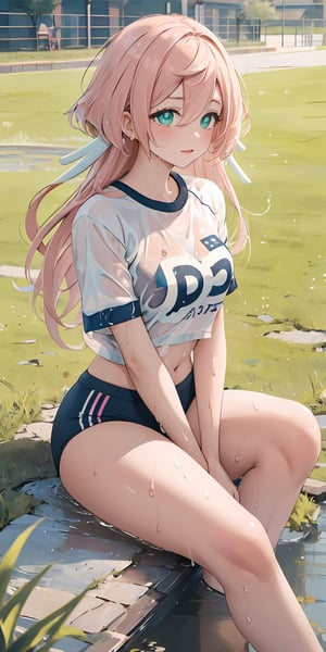 (masterpiece), best quality, ultra-detailed, illustration, kawaii style, pastel colors, , kawaii, cute colors, 1girl,frontview, sweat, wet clothes, [[[bra]]], navel, yanfei \(genshin impact\), , pink hair, long hair, green eyes, alternate costume, black shirt, shirt, short sleeves, breasts, gym uniform, blue buruma, bare legs, thighs, (sitting), [[side]], depth of field, dated, schoolyard, grass,pastel colors,wetshirt