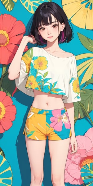 a flat lineart of a young beautiful woman leaning against colorful wall printed botanial floral and fauna patterns at pop-style Private Rooms,kind smile,bangs,messy short-bob,detailed realistic clothes, crop top, asymetrical clothes, bare legs, shorts, soft tone,only in four colors,a ncg,