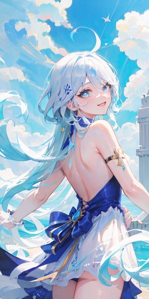 (masterpiece), best quality, ultra-detailed, illustration, cute, 1girl, close-up, topless, furina,heterochromia, bare back, blue and white dress, from behind, smile, happy, sky, clouds, (official)