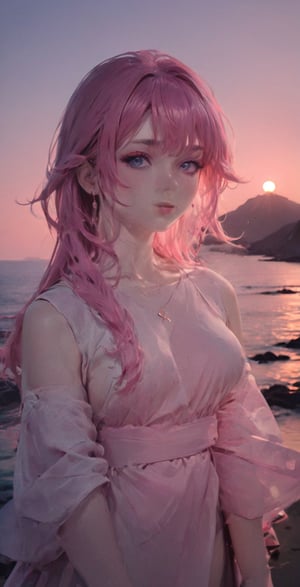 high quality, 8K Ultra HD, double exposure, beautifully designed goddess silhouette and sunset coast, minimalist, crisp lines, awesome full color,Enhanced All,YeMkAF, pink hair