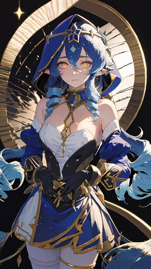 (masterpiece, sidelighting, finely detailed beautiful eyes: 1.2), masterpiece*portrait, 3d face, lustrous skin, portrait, cowboy shot, close-up, , 1girl, layladef, layla, twin drills, drill locks, blue hair, yellow eyes, hood, long sleeves, juliet sleeves, white pantyhose, thighlet, gloves, jewelry, bare shoulders,  (black background), galaxy, ,starry sky,perfect,bghaloring