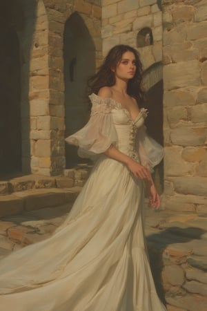 A majestic animaportrait of a woman stands proudly in front of a centuries-old castle, its stone walls bearing the scars of time. The woman's regal demeanor is illuminated by a warm golden light, her features refined and elegant. Her dress flows like silk in the breeze, as if carried by the whispers of the wind.