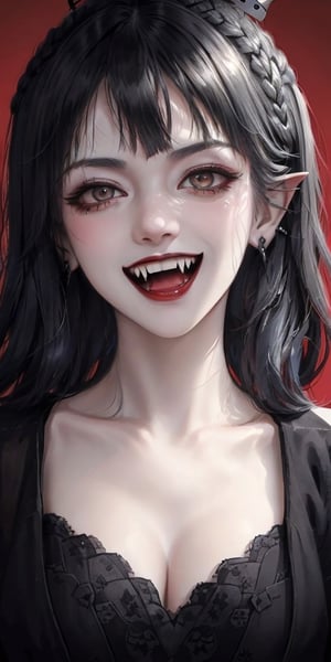 close up portrait of a vampire girl,YelanV4, blue hair, milf, deep cleavage, detailed black crown on her head,white hair flowning,red background,while smiling,big crown,red eyes,evil look,evil gaze.black earings,black rings,evil laugh,smile,YAMATO,fangs,ZGirl,YelanV4