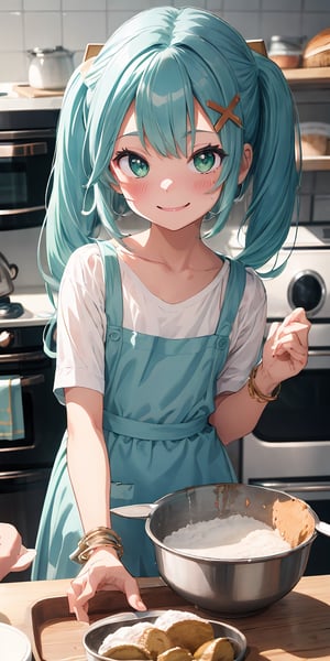 (expressive eyes:1), (masterpiece), best quality, ultra-detailed, illustration, kawaii, cute, ((kids, flat chested, loli, cute, petite)), 1girl, faruzanrnd,baking, batter, flour, bowl, (oven), (blush, happy, smiling, excited), faruzan, hair ornament, twintails, x hair ornament, jewelry, bracelet, , casual, [cute apron], , , traditional kitchen, (indian vibes) [middle-east vibes]