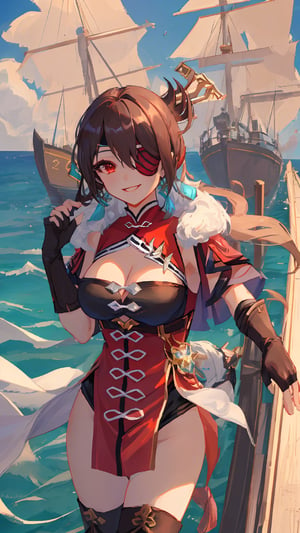 (masterpiece), best quality, expressive eyes, perfect face, 1girl, beidoudef, beidou \(genshin impact\), solo, eyepatch, large breasts, cleavage cutout, long hair, brown hair, red eyes, hair ornament, fur trim, hair over one eye, capelet, hair stick, one eye covered, hairpin, gloves, fingerless gloves, thighhighs, jewelry, earrings, smile, looking at viewer, sky, ship, watercraft, ocean, 