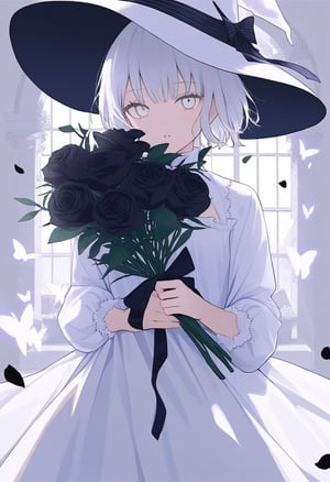  butterfly, bug, flower, black flower, solo, 1girl, hat, short hair, dress, looking at viewer, white hair, witch hat, black rose, ribbon, grey eyes, white dress, white theme, white eyes, white headwear, long sleeves, frills, holding, rose, white butterfly, cowboy shot, parted lips, petals, black ribbon by yoneyamai