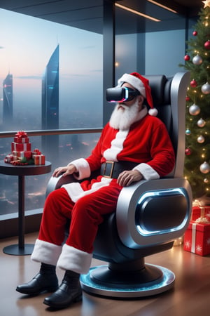((masterpiece, best quality)), ((christmas)), futuristic house, cyber , data, holographic, (santa claus wearing VR headset:1), santa claus uniform, red and white, beard, old, sitting in futuristic chair, A futuristic house, shining with vibrant lights, (best quality,4k,8k,highres,masterpiece:1.2), (realistic,photorealistic,photo-realistic:1.37), ultra-detailed, ultra-modern architecture, cutting-edge design, sleek and angular lines, glass walls, interactive holographic displays, (HDR,UHD) representations, (studio lighting), smart home automation, nature-inspired elements, (vivid colors), floating furniture, high-tech gadgets, state-of-the-art appliances, (bokeh) effect, panoramic views of the cityscape, (physically-based rendering), lush indoor gardens, (sharp focus), minimalist interiors, (extreme detail description), (professional) interior design, futuristic transportation systems, flying vehicles, robotic assistants, (concept artists) dream, a vision of the future.,Cyberpunk VR 