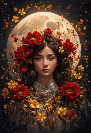 (1girl, face focus, medium shot, gracefully, golden petals and red flowers form intricate patterns against the backdrop of the moon, reminiscent of the styles of Yoann Lossel, Cyril Rolando, Nan Goldin, Lee Bontecou, and Loish), Detailed texture, High quality, High resolution, High precision, Realism, Color correction, Proper lighting settings, Harmonious composition, Behance Works,detail-rendering,Watercolor