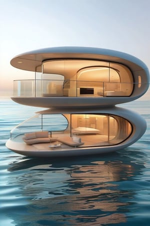 An innovative Oceanic Living Concept that embodies Futuristic Minimalism. The design consists of modular, floating homes anchored to the seabed. The structures are sleek and streamlined, with curved surfaces and expansive windows that offer unobstructed views of the ocean. Inside, the minimalist interiors feature integrated storage solutions, built-in furniture, and a calming, monochromatic color scheme. The design is both functional and aesthetically pleasing, creating a modern sanctuary on the water.,living concept