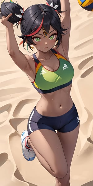 (masterpiece), best quality, ultra-detailed, illustration, kawaii style pastel colors, , kawaii, cute colors, keqing (genshin impact), hair xinyanrnd, , 1girl, green eyes, black hair, red hair, multicoloured hair, dark-skinned female, dark skin, alternate costume, sportswear, green sports bra, stomach, breasts, cleavage, collarbone, navel, green shorts, short shorts, arm up, armpit, (dynamic pose:1.4), looking forward, focused, sweat, cloud, day, outdoors, sky, solo, virtual youtuber, (volleyball, playing volleyball, beach volleyball:1.2), (from above), (close-up),