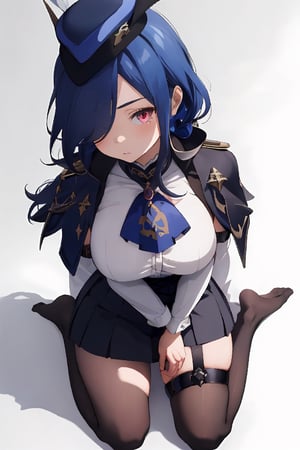 absurdres, highres, ultra detailed, manhwa style, (cute), 1girl, milf, clorinde (genshin impact), , blue hair, long hair, hair over one eye, ascot, headwear, capelet, high-waist skirt, thigh strap, pantyhose, white shirt, kneeling, arm behind back, looking down, from above, full body, simple background