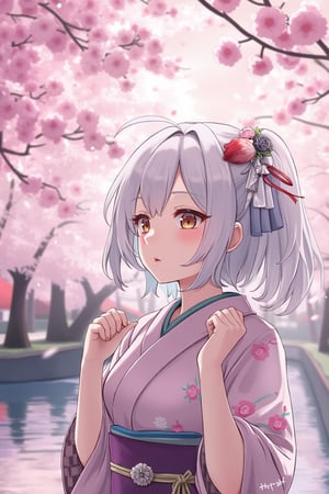 animehyf depicts a silver-haired girl in a pastel kimono, admiring cherry blossoms during an evening festival.