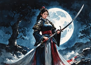 In a dramatic nightgown-inspired watercolor illustration, a 28-year-old female samurai stands proudly, embodying the guochao spirit. She wears ornate armor, its intricate details shimmering in the moonlit background, as she wields a gleaming katana. Her fierce gaze pierces through the darkness, radiating power and determination. The Renaissance-inspired masterpiece showcases her perfect form, bathed in an ethereal light, as if emerging from the shadows of a renaissance-era landscape.