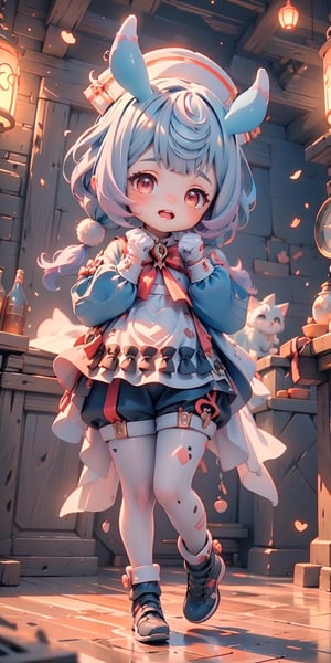 best quality, masterpiece, beautiful and aesthetic, , vibrant color ,sigewinne, twintails, low twintails, tail, green shirt, white collar, collared shirt, puffy sleeves, long sleeves, white gloves, nurse cap, white apron, red bowtie, winged waist bow, white waist bow, red bow on apron, blue bow on apron, black shorts, white thighhighs, shoes, black footwear, heart-shaped bag, Exquisite details and textures,  Warm tone, ultra realistic illustration,	(cute girl, 6year old:1.5), (perfect hand),	(Princess theme:1.4),	cute eyes, big eyes,	(a surprised look:1.3),	cinematic lighting, ambient lighting, sidelighting, cinematic shot,	siena natural ratio, children's body, anime style, 	(random view:1.4), (random poses:1.4), 	very long Straight blonde hair with blunt bangs,	wearing a cat hood, shorts, white turtleneck,	ultra hd, realistic, vivid colors, highly detailed, UHD drawing, perfect composition, beautiful detailed intricate insanely detailed octane render trending on artstation, 8k artistic photography, photorealistic concept art, soft natural volumetric cinematic perfect light,sigewinne