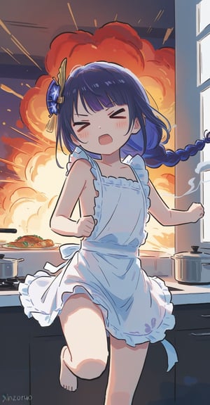1girl, [raiden shogun], long hair, braided hair, ningen mame,ciloranko,xinzoruo,year 2023, solo,blush, 1girl, running to viewer, pov, closing her ears, naked apron, {explosion}, ((>_<)), open mouth, smoke, indoors, kitchen,  best quality, amazing quality, very aesthetic, absurdres, loli