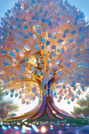 digital painting, a majestic tree made entirely of glass shards, with each shard reflecting light in a dazzling array of colors. The trunk is composed of intricately arranged glass pieces, creating a solid yet transparent structure. Branches extend gracefully, adorned with countless sharp, shimmering glass leaves that catch the sunlight and cast sparkling reflections. The tree stands tall in a serene setting, with a clear blue sky and soft clo