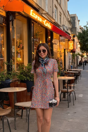 1girl, posing confidently in front of a retro-style café, her little smirk hinting at a playful personality. The scene is set during the golden hour, with natural lighting enhancing the soft, golden tones of her surroundings. She wears a fashionable 60s shift dress with bold, geometric patterns in bright colors, paired with large, round sunglasses and a stylish scarf tied around her neck.
Adding to the cute and artistic vibe, a small, vintage camera hangs around her neck, ready to capture candid moments. In the background, the café’s neon sign glows softly, and the sidewalk is adorned with potted plants and charming bistro tables. The overall setting is vibrant and creative, blending the allure of 60s fashion with a modern, artistic twist.
