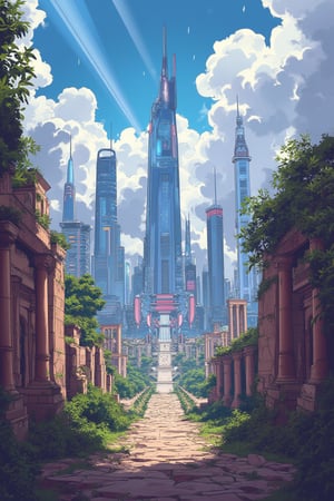 A futuristic metropolis with sleek skyscrapers and neon lights blends seamlessly into an ancient civilization's ruins, with crumbling temples and majestic columns. The modern cityscape's vibrant colors and busy streets meet the worn stone facades and lush greenery of a bygone era. A dramatic sky with wispy clouds and sunbeams frames the juxtaposition, webtoon_style