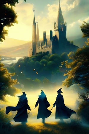 Text Tittle "HOGWARDS Magic School", Golden light of sunset casts a warm glow on the rolling hills and ancient trees surrounding Hogwarts School. Three wizards, dressed in worn robes, burst forth from the castle gates, their wands at the ready as they sprint towards the imposing clock tower. The air is thick with anticipation and magic, the iconic architecture of Hogwarts' turrets and spires looming large in the background.