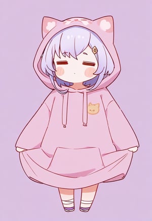 masterpiece, best quality, highres, very aesthetic, absurdres, chibi, sticker, 1girl, =_=, qiqi genshin impact, hoodie, cute cat hoodie, simple background, thic line , chibi, kawaii , rating:safe