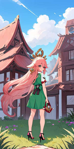 masterpiece), best quality, ultra-detailed, illustration, (kawaii style), pastel colors, kawaii, cute colors, 1girl, milf mature, yae miko, animal ears, floppy ears, fox ears, pink hair, long hair, very long hair, , alternate costume, green dress, short sleeves, high heels, modern outfit, outdoors, blue sky, building, city, cloud, day, grass, shadow, (from behind), wanking away, (full body),Yae miko