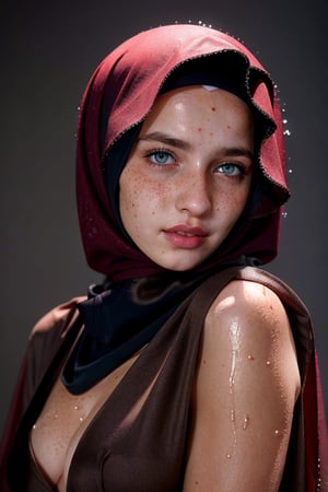 portrit of beautiful young bosnian girl, pale skin, blonde hair, blue eyes, freckles, wearing dark red hijab, abaya, veil, studio lighting, shadow on face, wet skin, sad expression, blushing, wearing brown dress