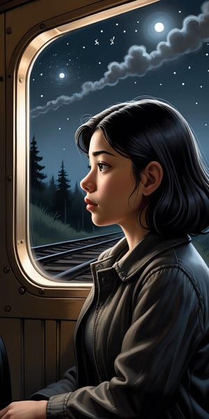 (masterpiece), best quality, expressive eyes, perfect face, Oliver Jeffers Shaun Tan Emily Winfield Martin Yuko Shimizu Sophie Blackall Jerry Pinkney A digitally inked scene by Marjane Satrapi showing a pensive young woman gazing out the window of a moving train at night. Satrapi's signature high-contrast art style renders the woman in simple black and white, her face in profile conveying wistful contemplation, eyes reflecting the passing lights outside. She wears a dark jacket, her short messy hair wisping in the breeze. Beyond the window, forest silhouettes under a starry sky race by, wheels and smoke sketched minimally to indicate the train's momentum. The nonlinear panel composition adds dynamism. The perspective peers voyeuristically through the glass at the woman absorbed in her thoughts as she journeys through the darkness. The mood captures the romance and introspection of solo travel at night. Satrapi's stark monochromatic style communicates the emotional essence with spare, striking linework. She is tall, slim beautiful with light make up, her eyelashes are long, her eyes are bright, her mouth pout a little, she has oily skin with good body shaped, close up her full sitting body, light particles, silhouette