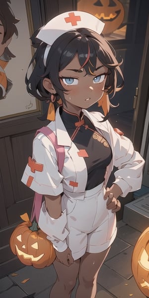1girl, standing, dark skin, (torn clothes, white_nurse_outfit),  xinyandef, xinyanrnd, ,
sweaty,  beautiful, parted lips, halloween, cute jack o'lantern, chinese architecture, hospital, (masterpiece, sidelighting, finely detailed beautiful eyes: 1.2), masterpiece*portrait, 3d face, lustrous skin, (illustration)