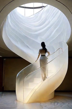  a woman appears to be ascending a spiral staircase. The staircase is designed with flowing, organic lines and is made of a material that resembles frosted glass or a similar translucent substance. The person is wearing a dress that complements the modern and artistic aesthetic of the staircase. The background includes a wall that curves in harmony with the staircase, and the overall color scheme is neutral, featuring shades of white and beige. The image evokes a sense of elegance and contemporary design, living concept