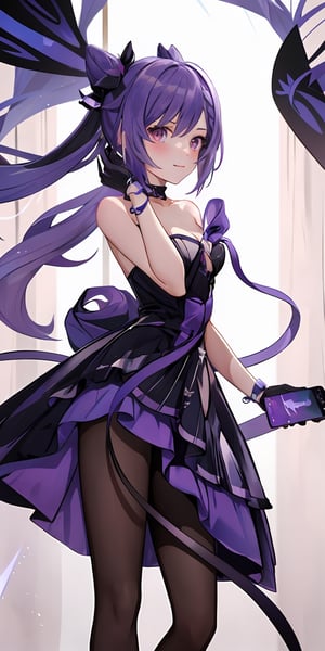 (masterpiece), best quality, ultra-detailed, illustration, 1girl, standing, holding a phone, bracelet, black gloves, purple black dress, layered dress, (blue ribbon), keqing (genshin impact), cone hair bun, night, strapless dress, looking at viewer, long hair, cleavage, black dress, hair bun, strapless, bare shoulders, purple hair, bangs, bow, detached collar, purple eyes, diamond-shaped pupils, ribbon, double bun, twintails, two-tone dress, medium breasts, hair ornament, hair between eyes, , depth of field, studio, ambient light, volumetric light, pastel purple background, elegance