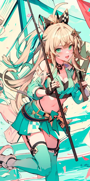 (masterpiece), best quality, ultra-detailed, illustration, kawaii, cute colors, contrast color, pastel colors, , 1girl , kirara, blonde hair, ahoge, hair ornament, , cat mouth pose, ((holding flag pole, black and white flag, checkered_flag)), dynamic pose, confetti, teal jacket, cleavage, teal skirt, garter strap, ((black knee high)), green shoes, fingerless gloves, belt, bow, racing pattern clothes, two tails, cat tails, windy, floating hair