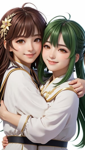 masterpiece, ultra detailed, high quality, 2girls, multiple girls, [hug], upper body, white background, yuri 1girl, collei, genshin impact, green hair, hair between eyes, bangs, medium hair, hair ornament, closed eyes, smile, v, 1girl, amber, genshin impact, brown hair, crossed bangs, hair between eyes, brown eyes, :o, smile, v