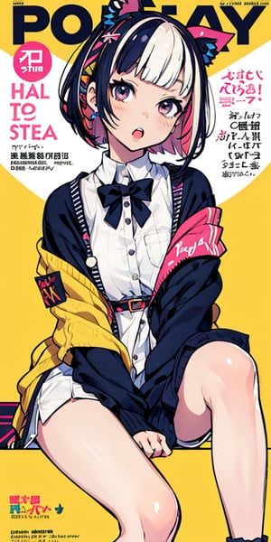 (magazine cover, text, Fashion magazine), girl, horns, short hair, (bob cut hair), detailed background, (pop art, decora art style, doodle art), (hair accessories, ribbons), (cardigan, Autumn outfit), accessories, body stickers, ((perfect legs, sitting, cute pose)), ,, multicolored hair, streaked hair, mksks style, , (tired eyes, open mouth), dynamic angle,