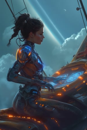 Epic landscape shot of a South Asian woman at the helm of a futuristic airship, her sci_fic armor illuminated by distant planets and the glowing holographic controls.