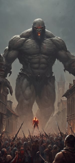  create a giant titan trampling on the people in old city, middle age times, Huge Humanoid bode, oversized hands, wearin heavy armor, enraged on humanity, sharp deformed face.photo takem from human perspective. background of old city, blood moon. dramatic lighting, sharp focus.,monster,more detail XL,painting by jakub rozalski