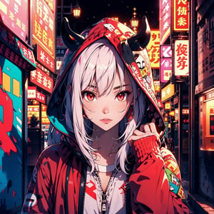 1girl, solo, white hair, long hair, red eyes, flat chest, colorfull, night, backstreet alley, graffittis, town street, ppcp